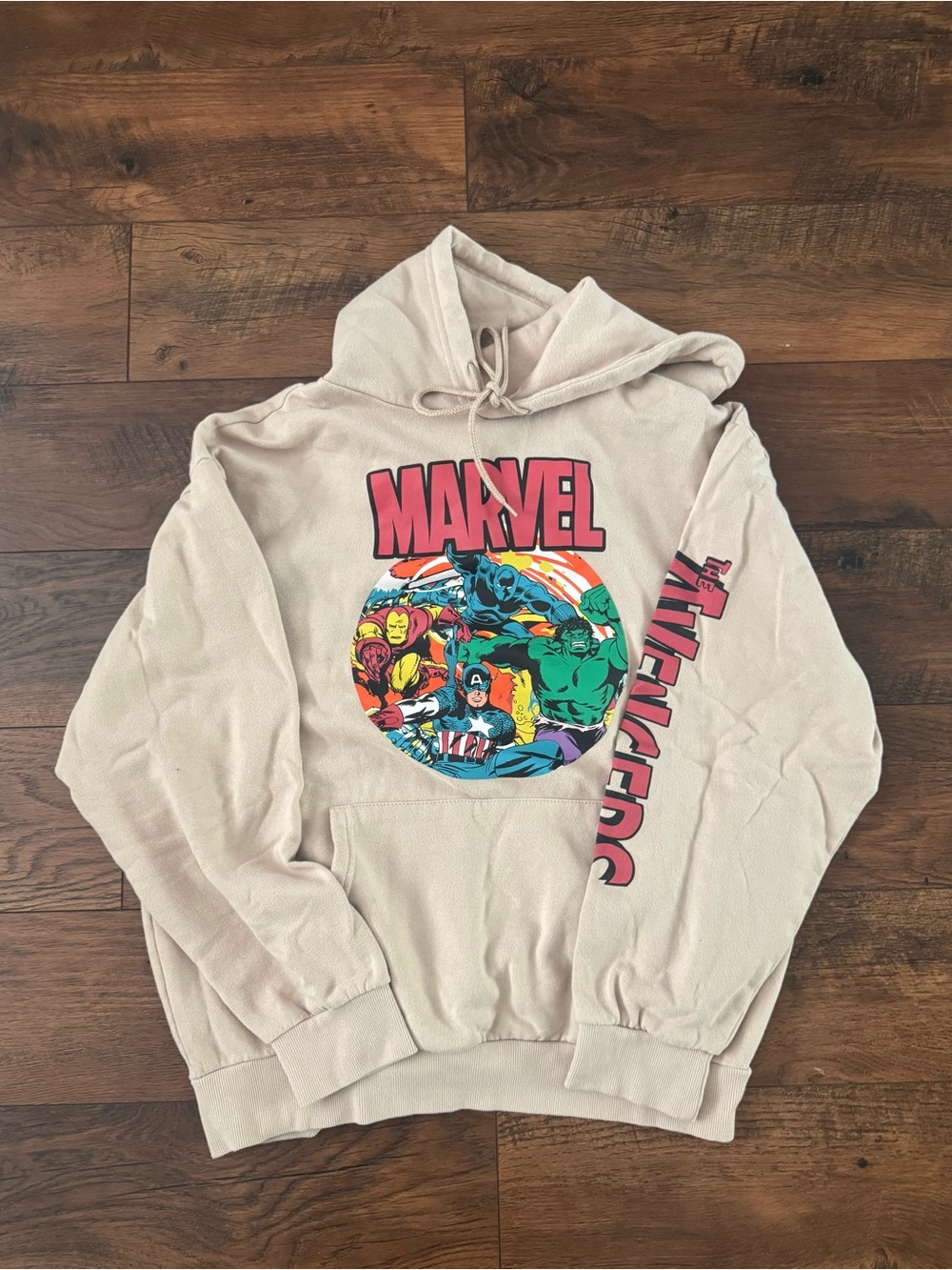 Marvel Men’s Beige Hoodie with Multicolor Avengers Graphic